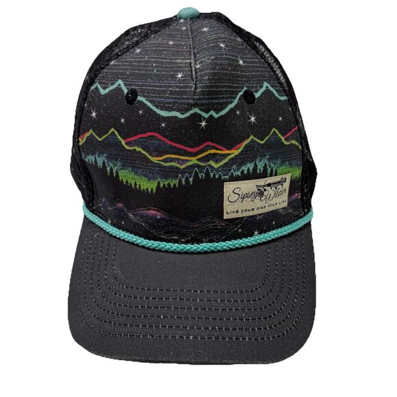 Sipsey Wilder Black Snapback Mesh Trucker Hat Cap Aurora Pattern Rope Outdoor - Picture 1 of 8